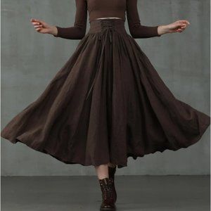 LINENNAIVE TEA DANCE 5 | LACE-UP MAXI LINEN SKIRT- Saddle Brown